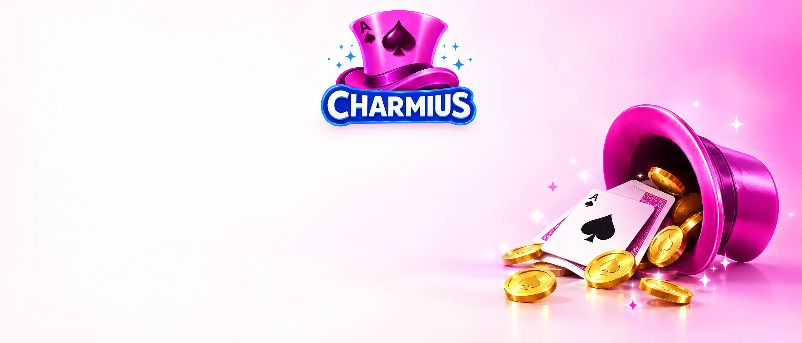 Charmius pink top hat with playing cards and gold coins on a pearl background
