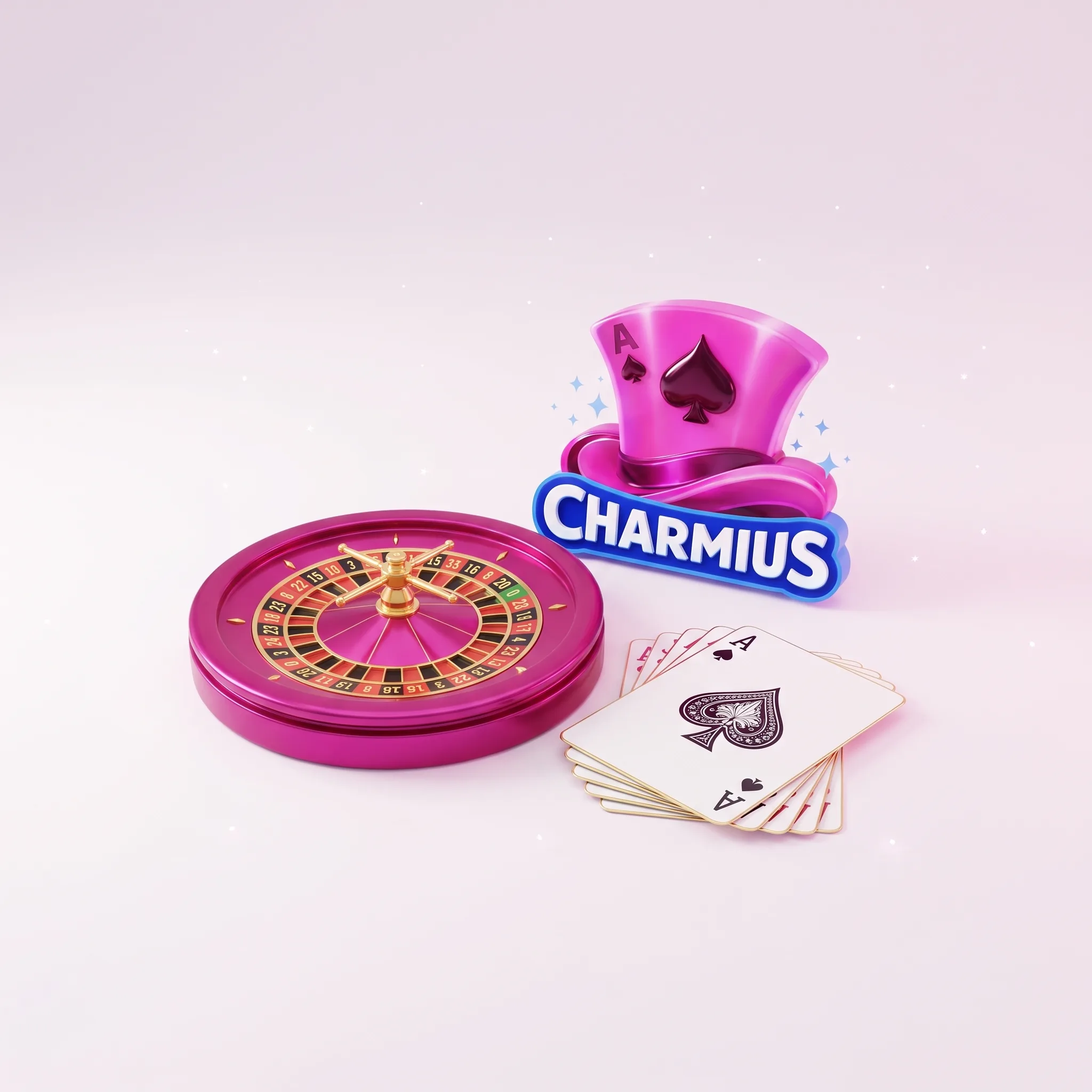 Charmius logo beside a pink roulette wheel and playing cards